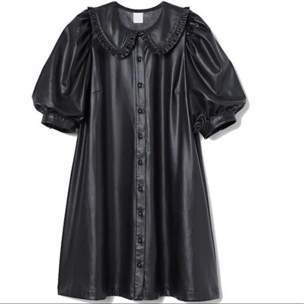 Faux leather A line collar dress with puff sleeves